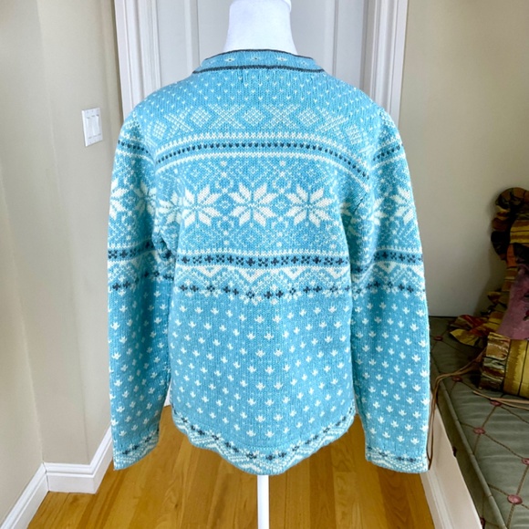 LL Bean Cardigan Sweater Wool Fair Isle Light Blue (M) - Picture 3 of 7